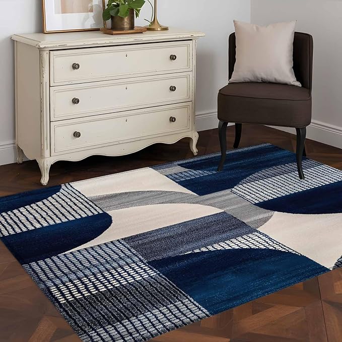 Modernism 4'x6' Area Rugs, Blue White Geometric Abstract Design Washable Area Rugs Non-Slip Indoor Floor Mats Carpet for Living Room Bedroom Dining Room