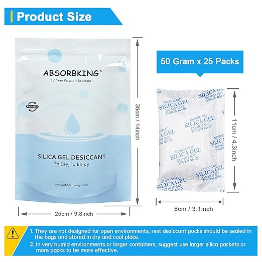 Absorbking Silica Gel Packets, 50 Gram 25 Packs Food Safe Moisture Absorbers, Desiccant Packs for Storage, Reusable Desiccant for Foods, Storage Bins, 3D Filaments, Electronics, Safes