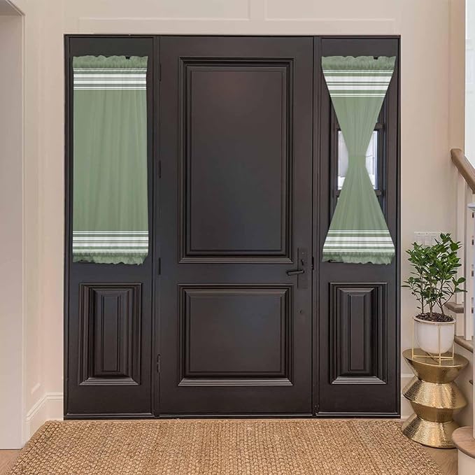 French Door Curtain Panel for Front Door, Dark Green Strips Slidelight Door Curtains with Tieback Light Filtering Privacy Panels for Doorway Entryway 25"x 40"