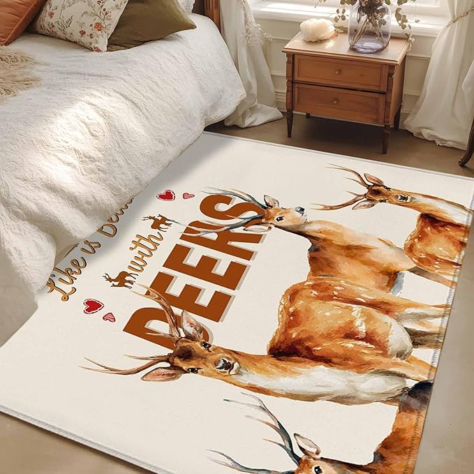 Beige Deer 4'x6' Area Rugs, Wildlife Animals Rustic Farmhouse Elk Rustic Farmhouse Washable Area Rugs Non-Slip Indoor Floor Mats Carpet for Living Room Bedroom Dining Room
