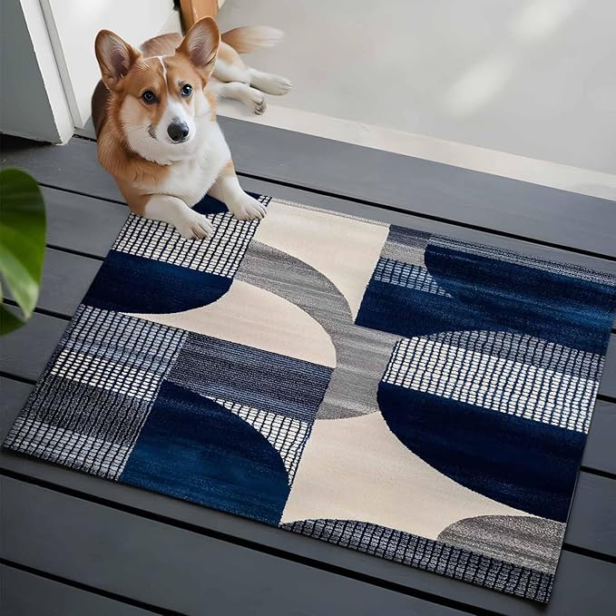 Modernism Entryway Rug 2'x3', Blue White Geometric Abstract Design Small Area Rug Non-Slip Front Door Mat Washable Floor Carpet for Indoor Entrance Kitchen Bathroom
