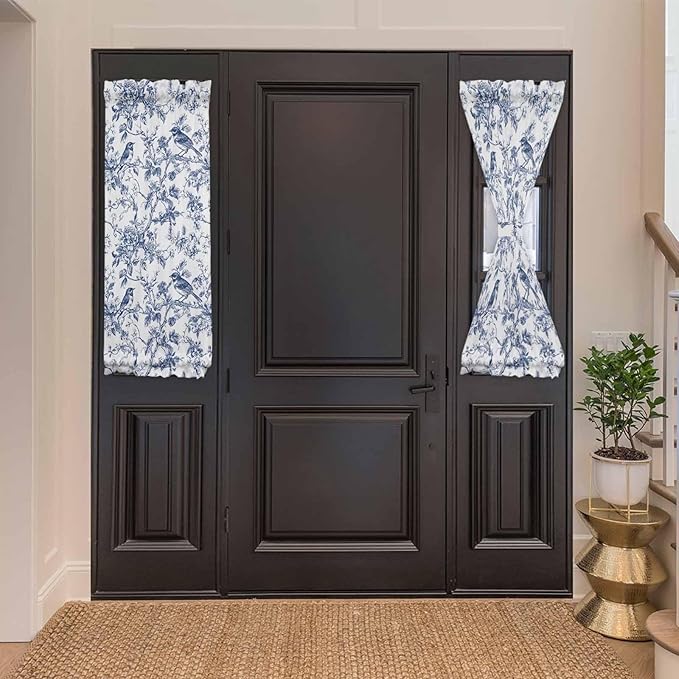 French Door Curtain Panel for Front Door, Navy Blue Birds Branch Flowers Retro Illustration Slidelight Door Curtains with Tieback Light Filtering Privacy Panels for Doorway Entryway 25"x 40"