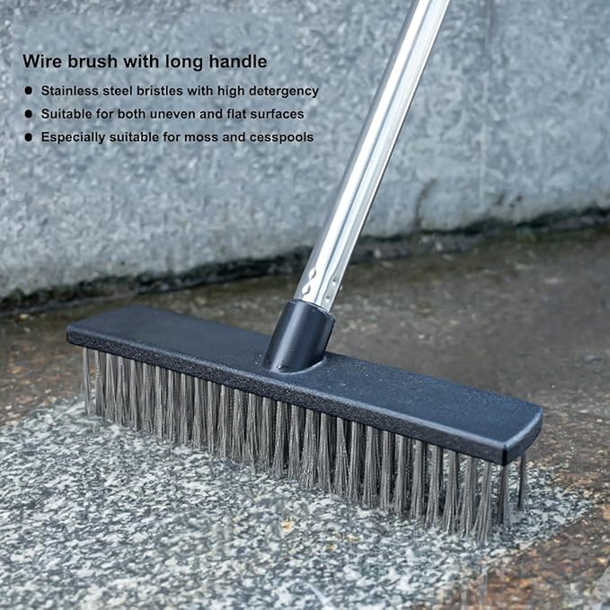 Heavy-Duty Push Broom Brush - Perfect for Bathroom, Kitchen, Patio, Garage, Deck, Concrete, Wood, Stone, and Tile Floors (10.6" Stainless Steel Bristle-Black)