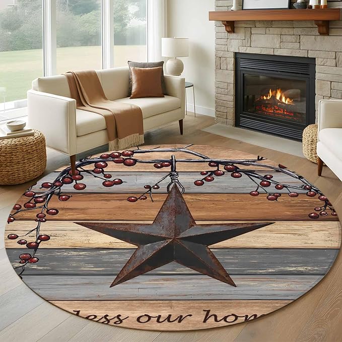 Country Stars Large Round Rug 8Ft, Vintage Rust Black Star Berry Brown Light Blue Wood Grain Circle Area Rugs Washable Non Slip Indoor Floor Mats Carpet for Living Room Bedroom Dining Room Home Decor