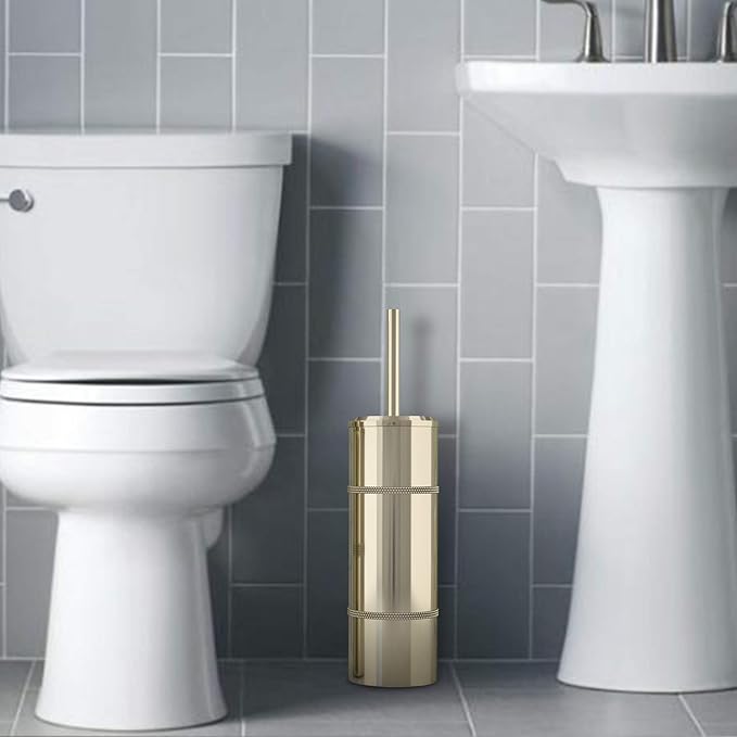 nu steel TBH-8065G-17 Slim Compact Freestanding Toilet Bowl Brush and Holder for Bathroom Storage and Organization - Space Saving, Sturdy, Deep Cleaning, Covered Brush, Metal in Scratched Gold Finish