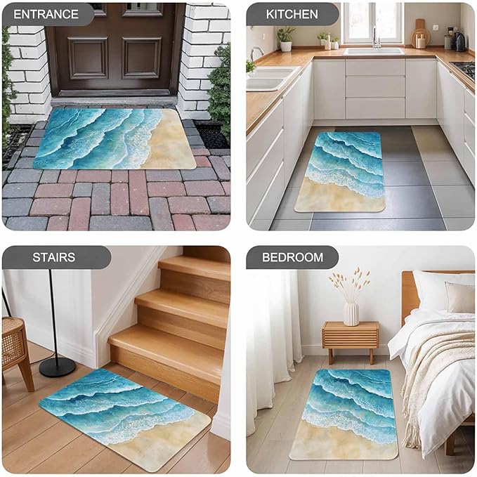 Abstract Waves Doormat Spray Blue Ocean Seaside Watercolor Non Slip Low Profile Rubber Door Mat Washable Absorbent Indoor Front Door Mat Entryway Rug Entrance Carpet 16x24 Inch