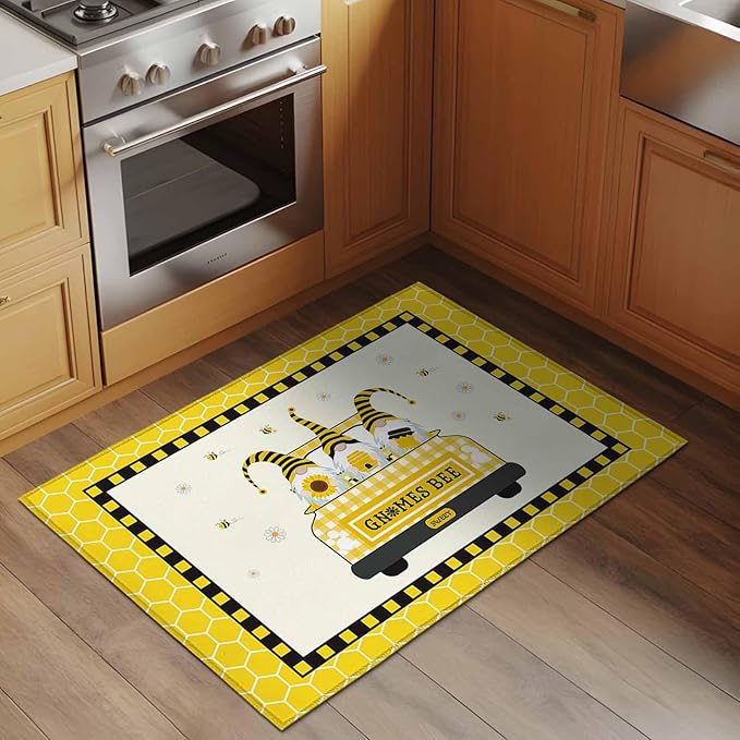 Honey Gnomes Entryway Rug 2'x3', Bees Hive Sunflower Truck Small Area Rug Non-Slip Front Door Mat Washable Floor Carpet for Indoor Entrance Kitchen Bathroom