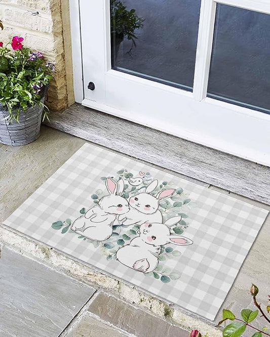 Front Door Mat Easter Bunnies Eucalyptus Leaves Gray Buffalo Plaid Non Slip Absorbent Indoor Entrance Easy Clean Home Soft Low Profile 16x24 Inch