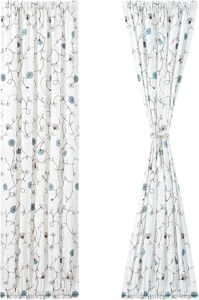 VOGOL Rod Pocket Sliding Door Curtains, Flowers Embroidered Light Filtering Curtain Panels for Door Windows, 1 Piece, 36 x 72 Inches, Blue Floral