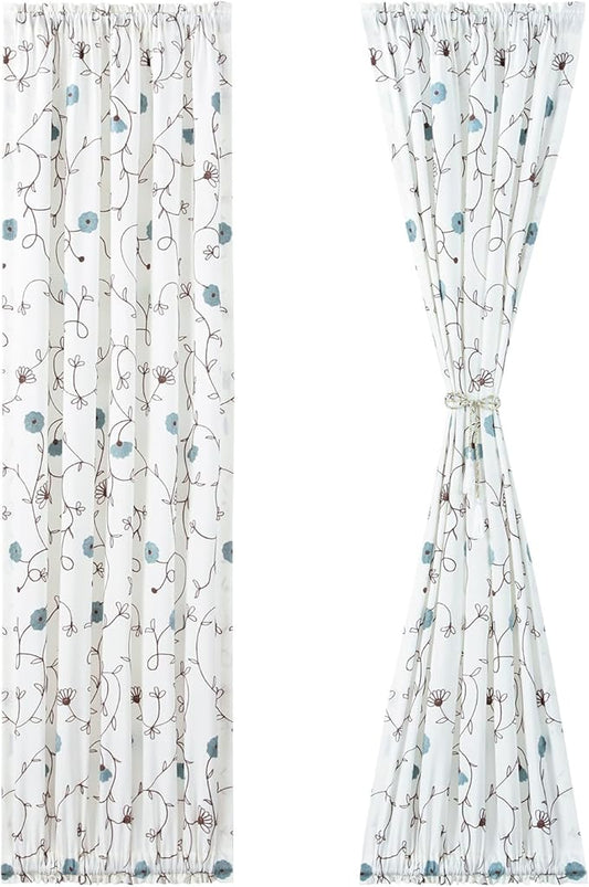 VOGOL Rod Pocket Sliding Door Curtains, Flowers Embroidered Light Filtering Curtain Panels for Door Windows, 1 Piece, 36 x 72 Inches, Blue Floral