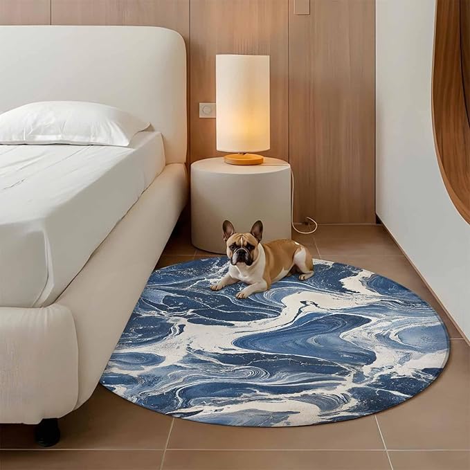 Impressionist Style Large Round Rug 7Ft, White Blue Blurred Wash Circle Area Rugs Washable Non Slip Indoor Floor Mats Carpet for Living Room Bedroom Dining Room Home Decor