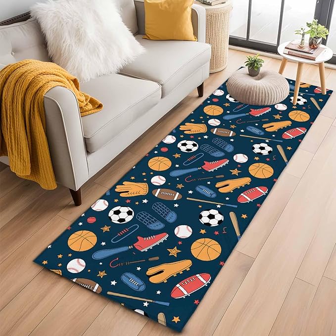 Cartoon Sports Runner Rug 2'x6', Baseball Soccer Basketball Rugby Sneakers Hallway Runner Rugs Washable Non-Slip Bedside Floor Mats Carpet for Kitchen Bedroom Laundry Room Bathroom