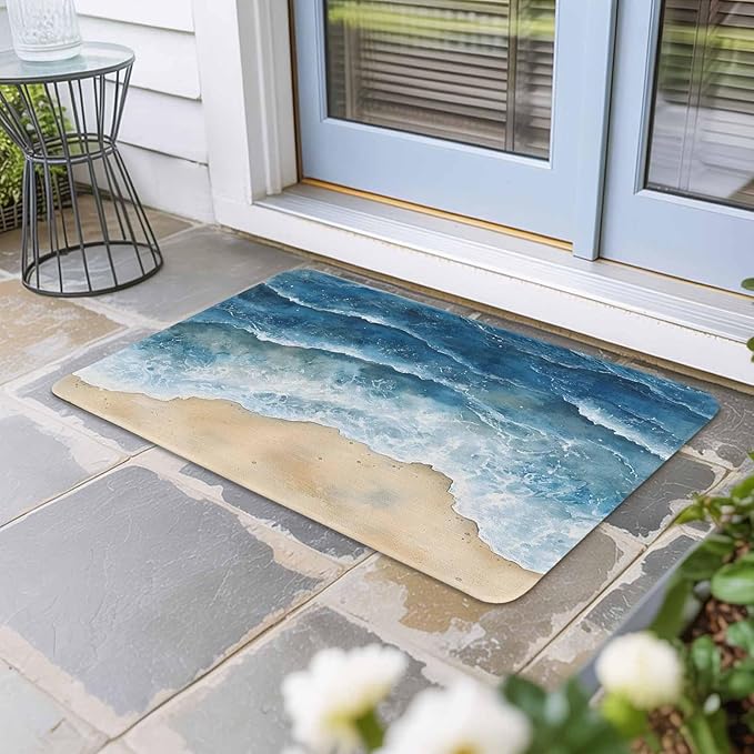 Abstract Waves Doormat Blue Ocean Spray Beach Watercolor Non Slip Low Profile Rubber Door Mat Washable Absorbent Indoor Front Door Mat Entryway Rug Entrance Carpet 20x31.5 Inch