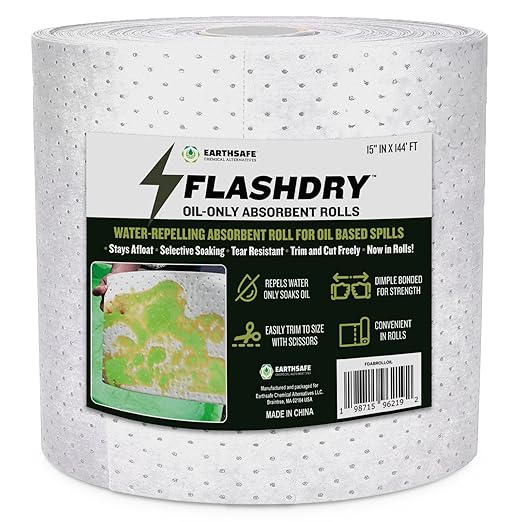 FlashDry Oil Absorbent Roll Pads, Fast-Absorbing Oil-Based Fluid Roll for Garage, Shop, Driveway, Automotive & Marine Use, Tear-Resistant Oil Absorbing Sheets, 15" x 144' ft - 1 Roll