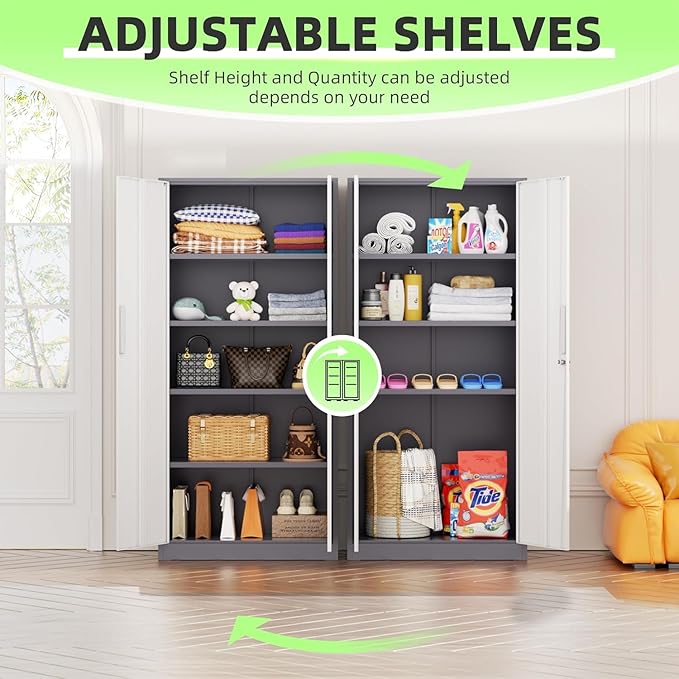 Bonusall 72" Metal Garage Storage Cabinet, 2 Locking Doors & 4 Adjustable Shelves Tall Storage, Heavy Duty Steel Tool Cabinet for Home, Office