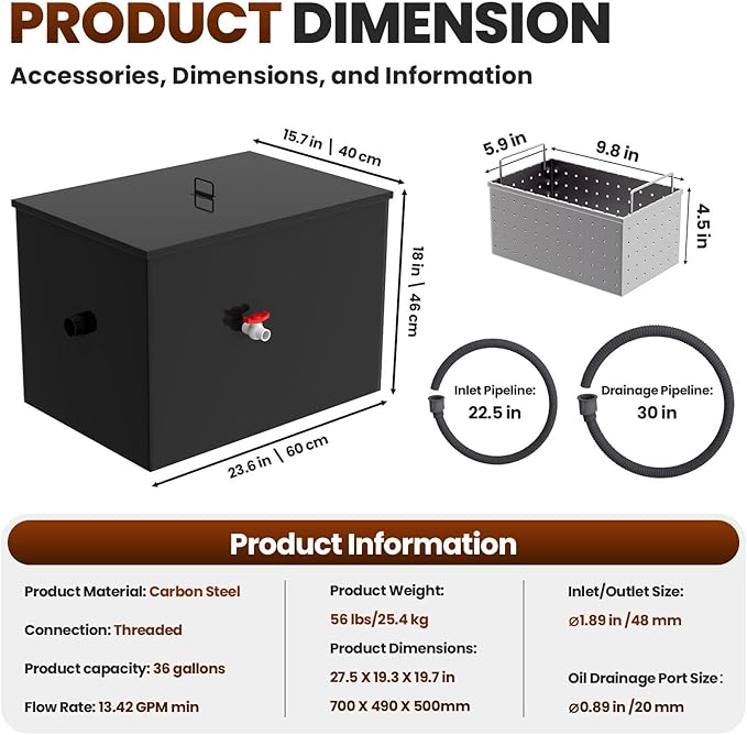 36 Lbs Commercial Grease Trap, 13 GPM Grease Trap, Grease Interceptor with Removable Mesh Filter, Under Sink Grease Trap for Oil-Water and Kitchen Waste Separator, Grease Trap for Commercial Kitchens