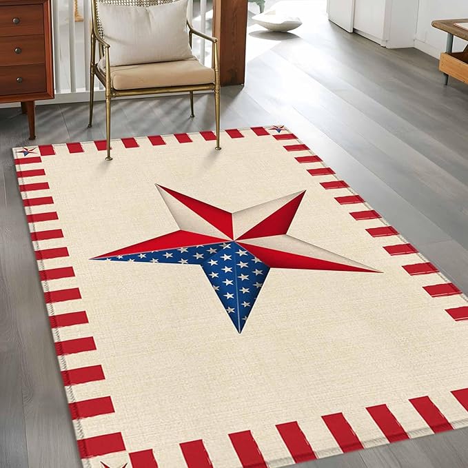 Farmhouse American Flag Pentagram 3'x5' Area Rugs, Washable Area Rugs Non-Slip Indoor Floor Mats Carpet for Living Room Bedroom Dining Room
