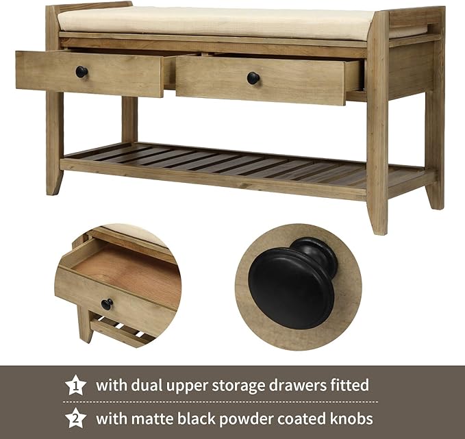 Knocbel Entry Storage Bench Shoes Rack with Cushioned Seat, 2 Drawers & Slatted Shelf, Living Room Entryway Hallway Foyer Shoe Bench Bedroom End of Bed Bench (Gray Wash)