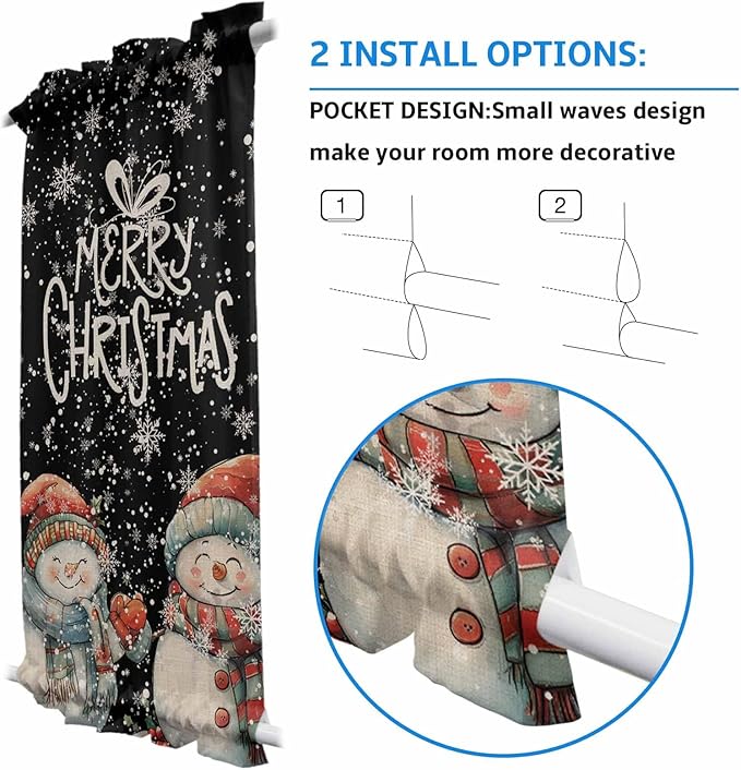 Christmas French Door Curtain Panel for Front Door, Vintage Black Winter Christmas Smiling Snowmen Slidelight Door Curtains with Tieback Light Filtering Privacy Panels for Doorway Entryway 25"x 40"