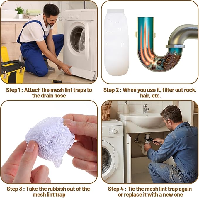 32Pcs Sturdy Lint Traps for Washing Machine Hose, Includes 8 Nylon Washer Hose Lint Trap Mesh and 24 Cable Ties, White Washer Lints Catcher for Home Sink Drain System Hoses Screen Filter (White)