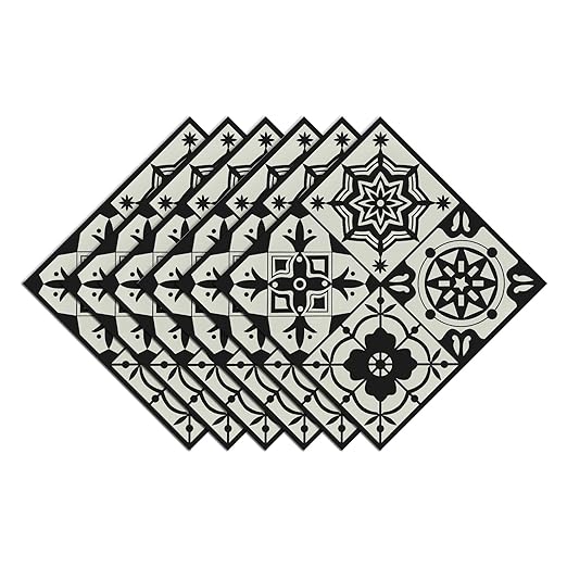 Wallercity Black Boho Peel and Stick Floor Tiles Waterproof 6PCS Vintage Floral Vinyl Flooring Tiles for Bedroom Vinyl Self Adhesive Non-Slip Stick on Tile for Bathroom Kitchen Shower Tile 12x12 Inch