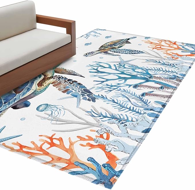 Sea Turtle 3'x5' Area Rugs, Seagrass Coral Starfish Washable Area Rugs Non-Slip Indoor Floor Mats Carpet for Living Room Bedroom Dining Room