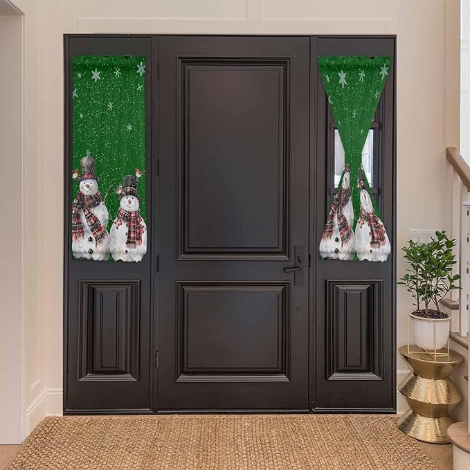 Christmas French Door Curtain Panel for Front Door, Xmas Top Hat Snowmen Cardinals Snowflake Dark Green Slidelight Door Curtains with Tieback Light Filtering Privacy Panels for Entryway 25"x 40"