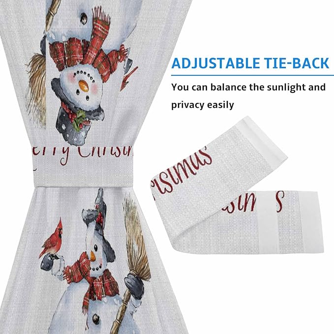 Christmas French Door Curtain Panel for Front Door, Retro Gray Snowman Cardinal Bird Merry Christmas Slidelight Door Curtains with Tieback Light Filtering Privacy Panels for Doorway Entryway 25"x 40"