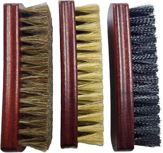 Shoe Cleaning Brush Set of 3 Brushes with Horsehair, Boar and Nylon Bristles, 6" Concaved Handle for Premium Grip, Wooden Sneaker Brush for Leather, Boot, Textile, Bags and Accessories