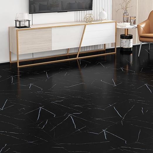 Wallercity Matte Black Marble Peel and Stick Floor Tile 12x12 Inch Self Adhesive Waterproof Vinyl Flooring Sheets for Living Room Bathroom Stick on Floor Tile Stickers for Kitchen Room Basement 5PCS
