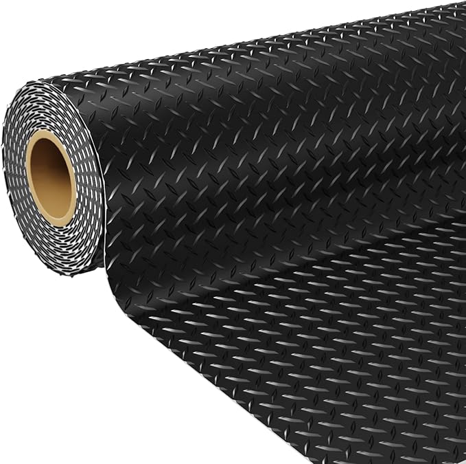 Garage Floor Mat, 2.8mm Thickened Flooring Roll for Under Car with 20Pcs Tapes, Diamond Plate, Non-Slip Floor Protector Mat for Trailer, Garage, Warehouse, Gyms, Trailer (BlackV, 7.5x25 FT)