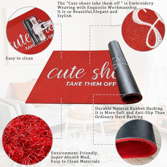 Outdoor Welcome Mats Front Door Outside Mat for Home Entry Cute Shoes Take Them Off Entryway Doormats Non Slip Low Profile Small Rugs for Bedroom Living Room Dark Red