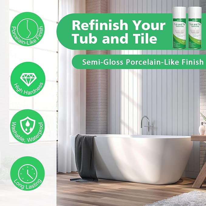 NADAMOO White Bathtub and Tile Refinishing Spray Paint Kit, 450ml (2 Pack), Semi-Gloss DIY Coating for Porcelain, Fiberglass, and Sinks