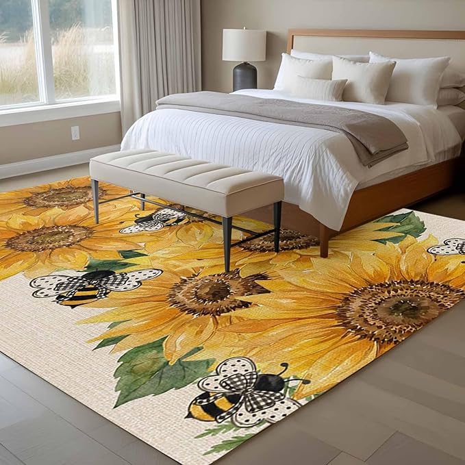 Watercolor Sunflower Cartoon Farmhouse Bee Linen Texture 8'x10' Large Area Rugs, Washable Area Rugs Non-Slip Indoor Floor Mats Large Carpet for Living Room Bedroom Dining Room