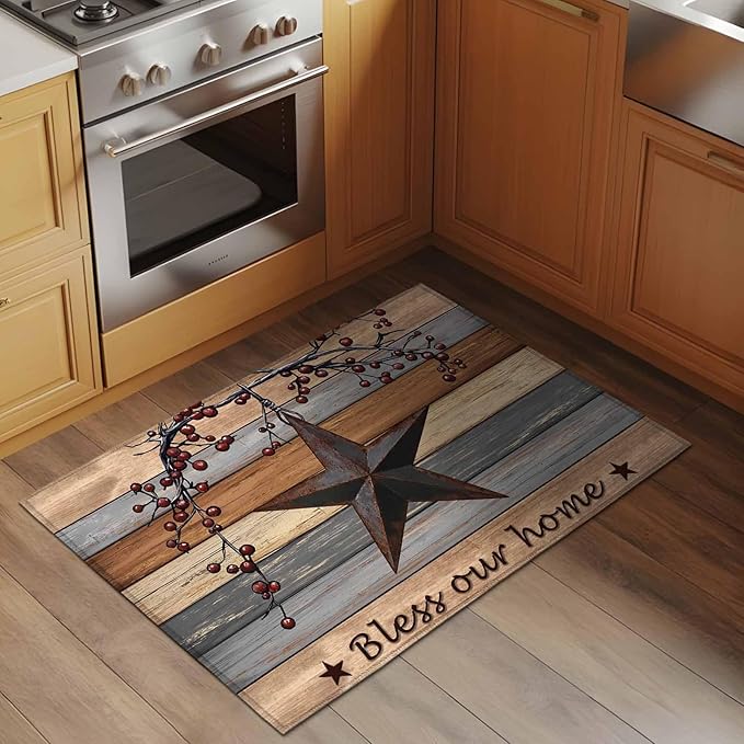 Country Stars Entryway Rug 2'x3', Vintage Rust Black Star Berry Brown Light Blue Wood Grain Small Area Rug Non-Slip Front Door Mat Washable Floor Carpet for Indoor Entrance Kitchen Bathroom