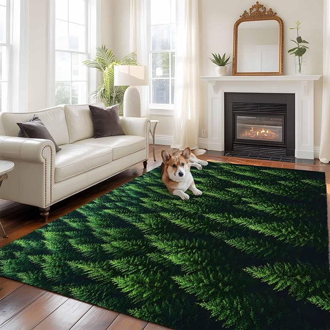 Green Forest 9'x12' Large Area Rugs, Pine Trees Forest Landscape Style Summer Washable Area Rugs Non-Slip Indoor Floor Mats Large Carpet for Living Room Bedroom Dining Room