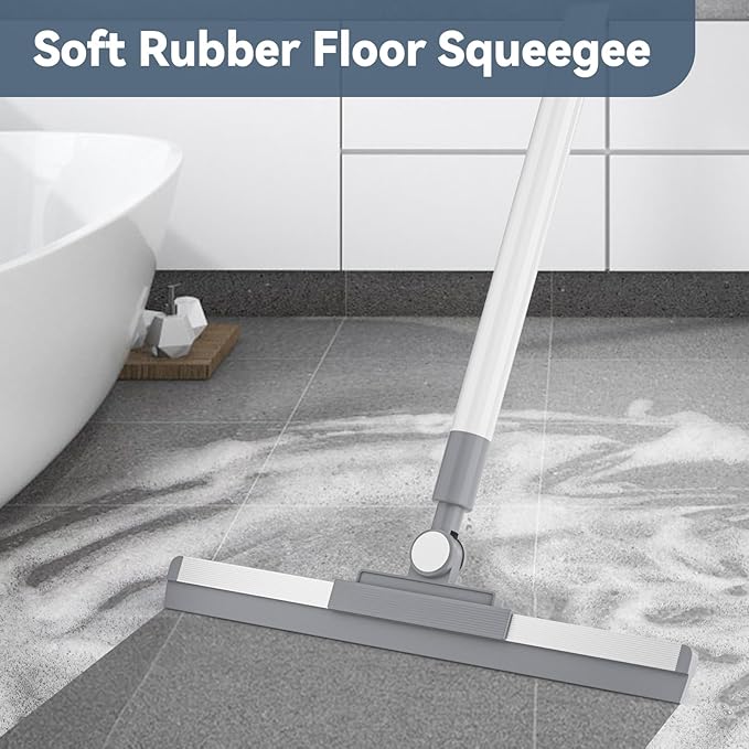 Floor Squeegee with 180° Rotating Head, Squeegee for Floor with 52'' Long Handle, Squeegee Broom, Squeegee for Window Cleaning, Bathroom Tile, Garage Concrete, Deck, Shower Glass (White)