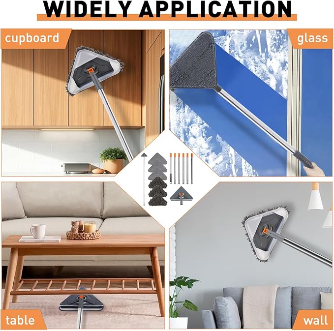 Wall Cleaner Mop with Adjustable 67" Long Handle, Sturdy Wall Washer Cleaner Tool for Walls/Ceiling Fans/Dust/Floors/Window, 360°Ceiling Cleaner Tool Duster with Squeegee 6 Replacement Pads