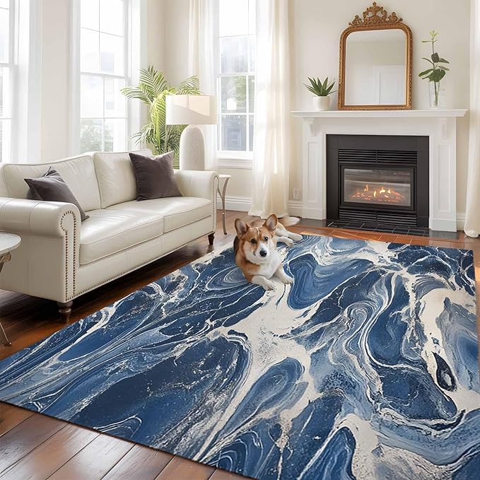 Impressionist Style 5'x7' Area Rugs, White Blue Blurred Wash Washable Area Rugs Non-Slip Indoor Floor Mats Carpet for Living Room Bedroom Dining Room