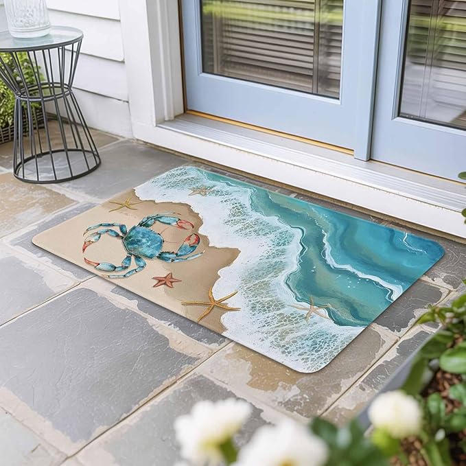 Turquoise Crab Doormat Ocean Spray Non Slip Low Profile Rubber Door Mat Washable Absorbent Indoor Front Door Mat Entryway Rug Entrance Carpet 18x30 Inch
