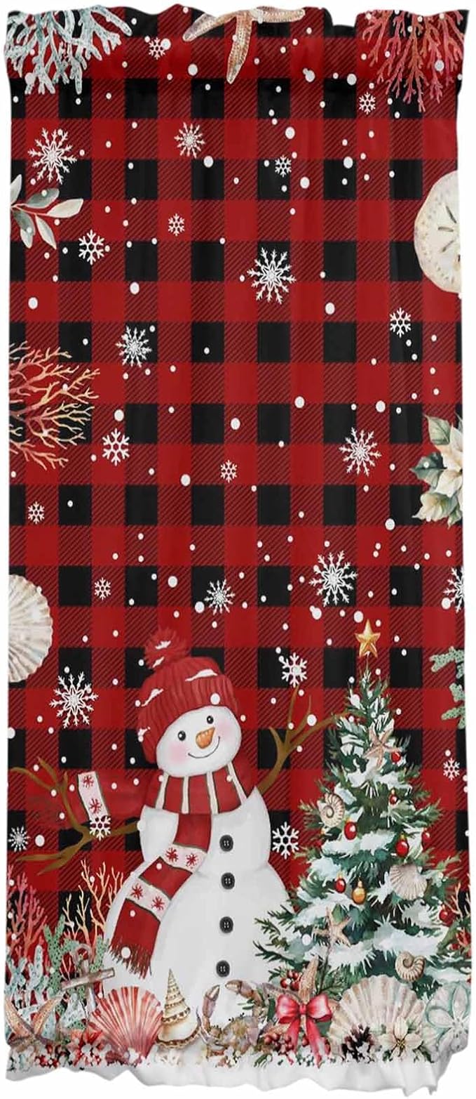 Christmas French Door Curtain Panel for Front Door, Red Striped Plaid Marine Life Xmas Tree Snowman Slidelight Door Curtains with Tieback Light Filtering Privacy Panels for Doorway Entryway 25"x 40"