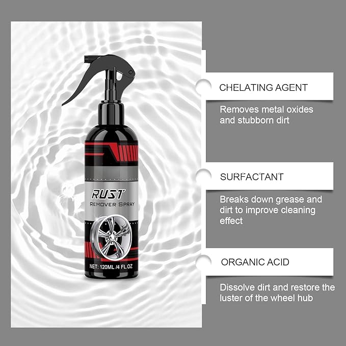Wheel Rust Remover Spray, 4 Fl Oz Rim Cleaner for Rust Stains, Brake Dust and Road Grime, Automotive Metal Surface Cleaner for Wheels, Hubs and Exterior Car Parts
