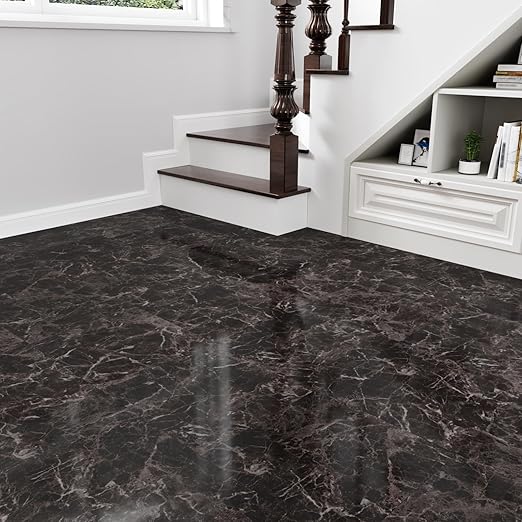 Wallercity Light Black Peel and Stick Floor Tile Bathroom Marble Tiles Removable Stick on Floor Tiles 12''x12'' Self Adhesive Waterproof Vinyl Flooring for Bedroom Kitchen Living Room Basement 6PCS