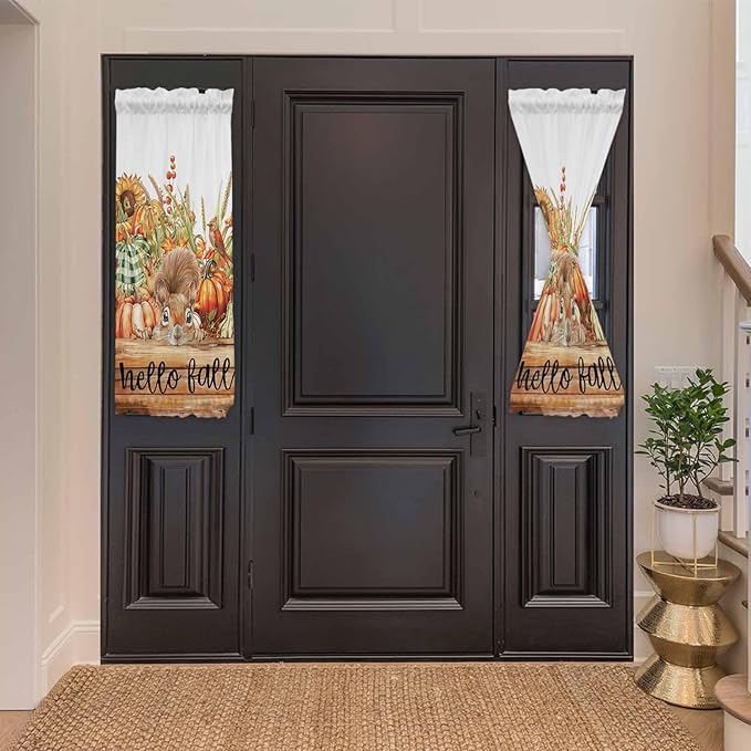 French Door Curtain Panel for Front Door, Fall Harvest Pumpkins Squirrel Wood Board Slidelight Door Curtains with Tieback Light Filtering Privacy Panels for Doorway Entryway 25"x 40"