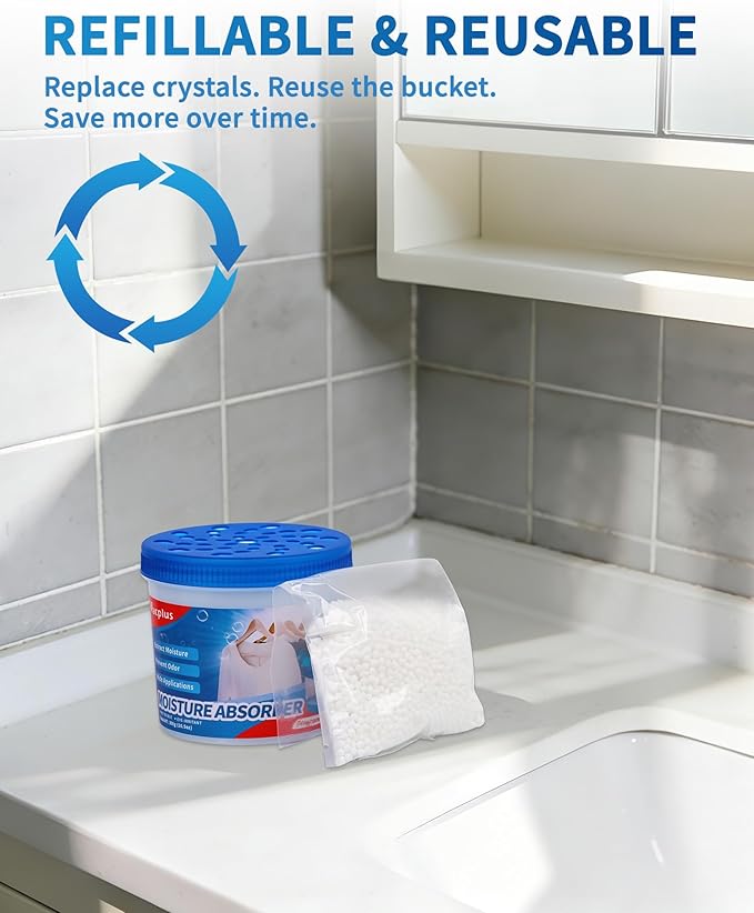 Vacplus Refillable Moisture Absorbers for Closet - Fast-Acting Crystal Dehumidifier for Bathroom, RV & Basement, 10.5 oz Humidity Absorber, 6 Pack, Fragrance Free