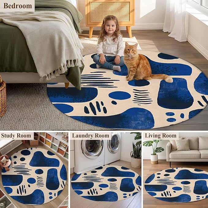 Modernism Round Rug 3.3 Ft, Blue Black Geometric Abstract Style Samll Area Rugs Washable Non Slip Indoor Floor Mats Circle Carpet for Living Room Bedroom Dining Room Home
