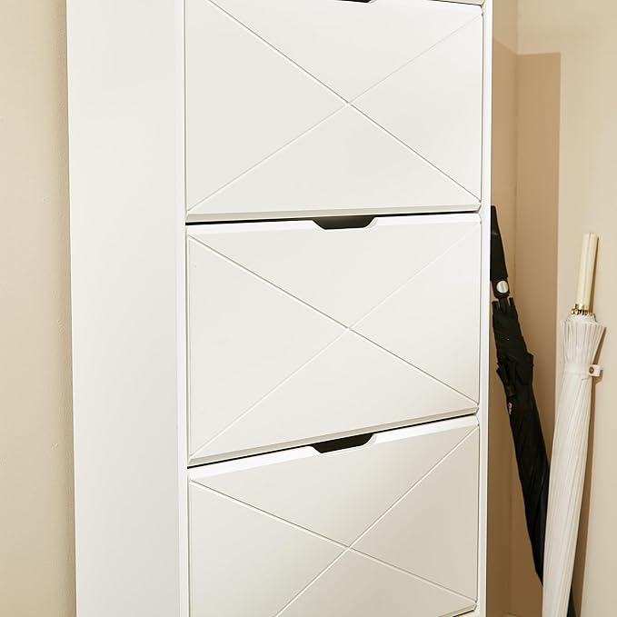 Shoe Cabinet with 3 Flip Drawers, Shoe Storage Cabinet with Open Shelf and Top Drawer, Free Standing Shoe Rack Storage Organizer for Entryway, Hallway, White