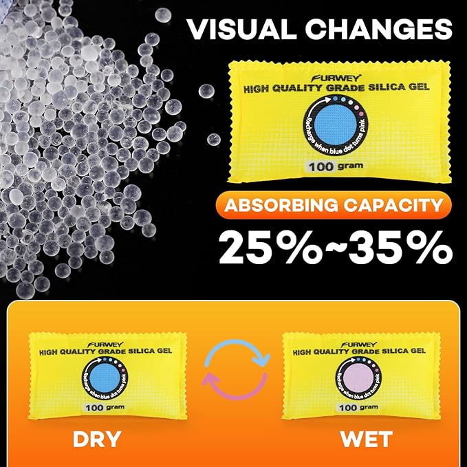 FURWEY 100g (24 Packs) Rechargeable Desiccant Packs for Storage, Color Indicating Silica Gel Desiccant Packets, Moisture absorbers for Storage,Dehumidifier Bag for Closets,Cars,Storage Bins