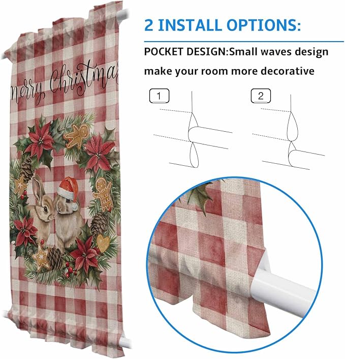 Christmas French Door Curtain Panel for Front Door, Rabbits Santa Hat Christmas Wreath Red Checkered Slidelight Door Curtains with Tieback Light Filtering Privacy Panels for Doorway Entryway 25"x 40"