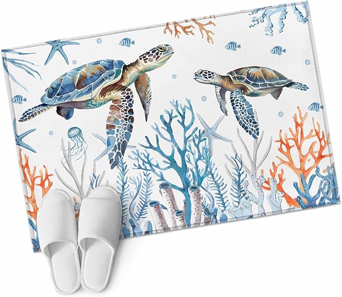 Sea Turtle Entryway Rug 2'x3', Seagrass Coral Starfish Small Area Rug Non-Slip Front Door Mat Washable Floor Carpet for Indoor Entrance Kitchen Bathroom